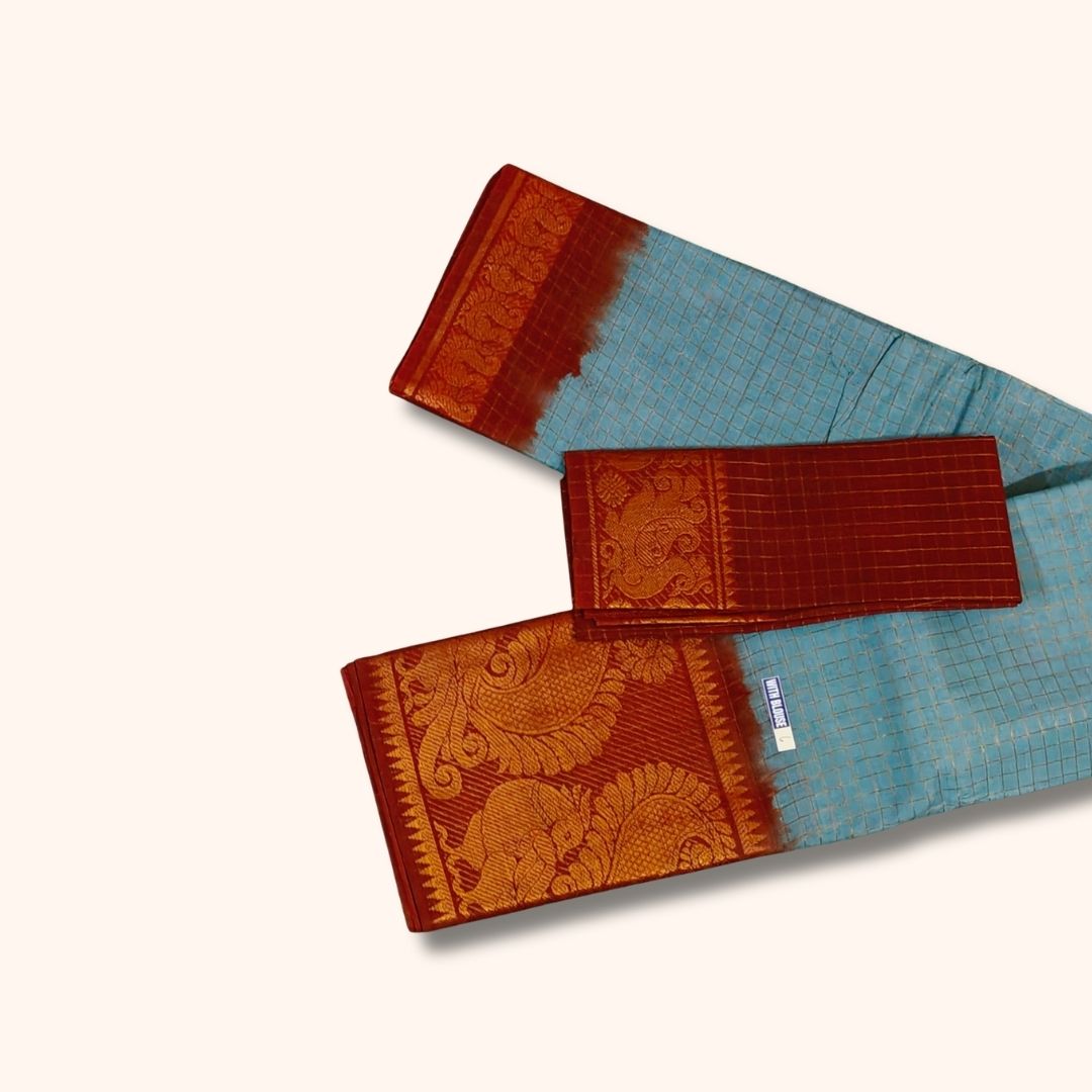 Light Blue Checked Sungudi Cotton Saree with Maroon Gold Zari Peacock Border and Separate Blouse