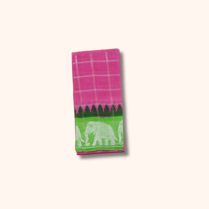 Pink Checked Sungudi Cotton Saree with Green Elephant Design Border – Without Blouse