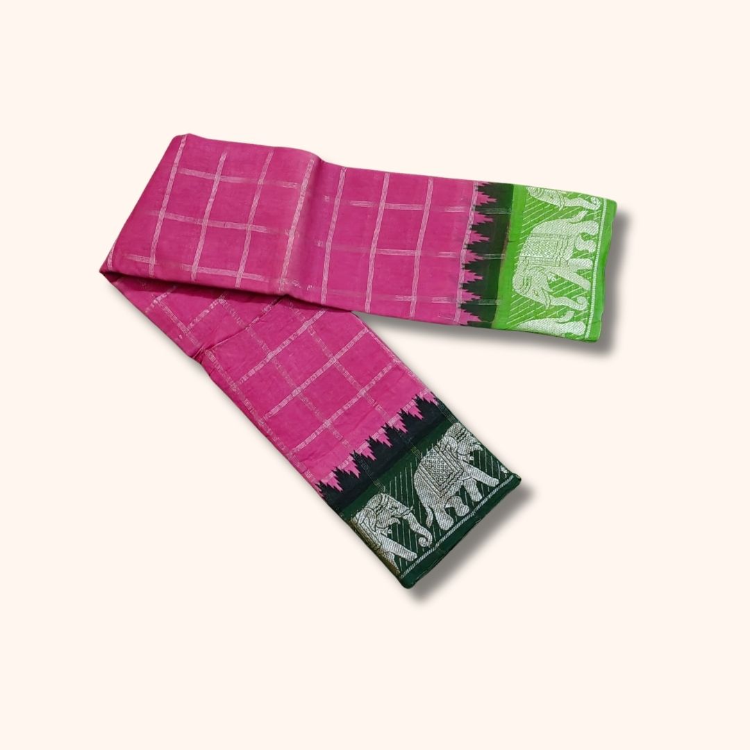 Pink Checked Sungudi Cotton Saree with Green Elephant Design Border – Without Blouse