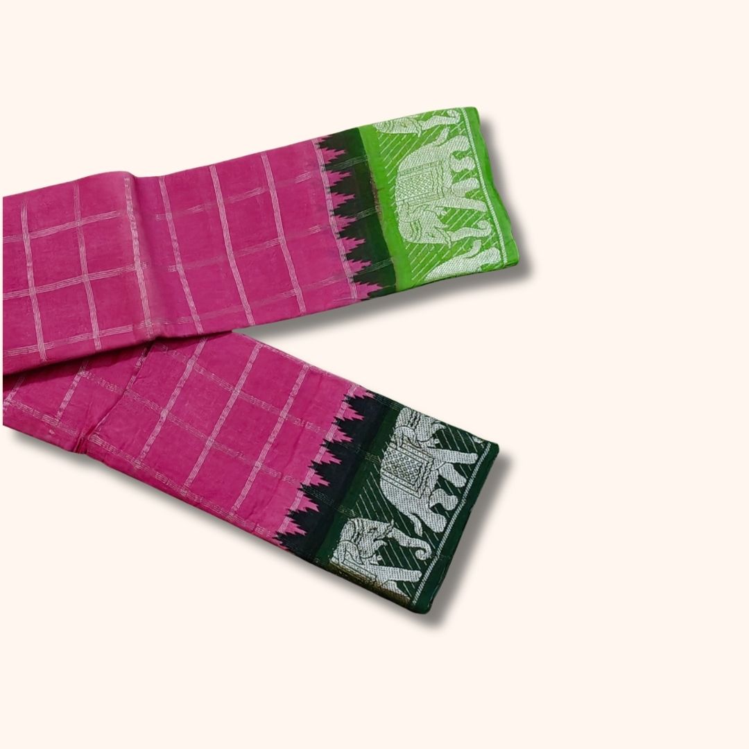 Pink Checked Sungudi Cotton Saree with Green Elephant Design Border – Without Blouse