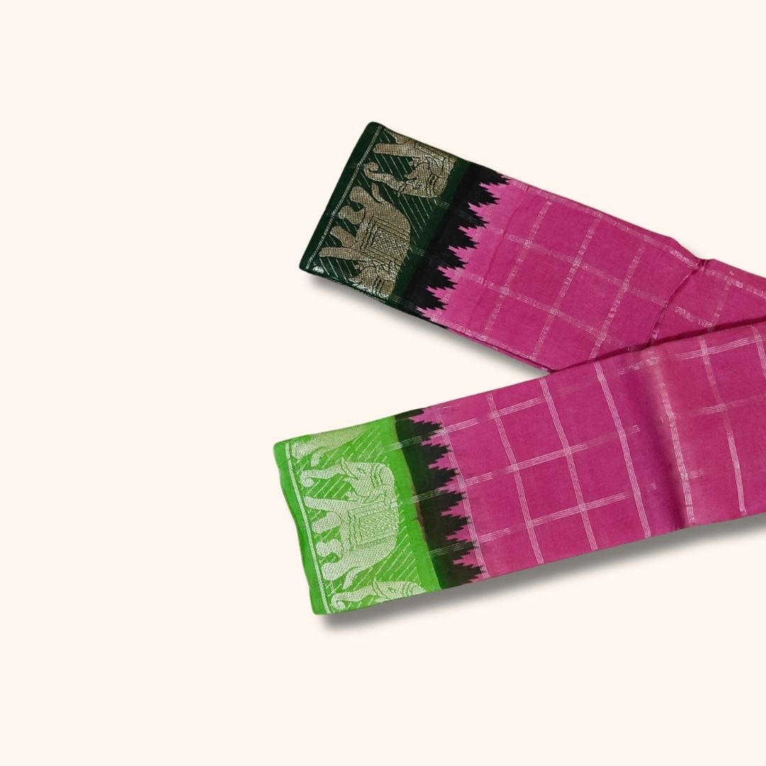 Pink Checked Sungudi Cotton Saree with Green Elephant Design Border – Without Blouse