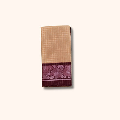 Beige Golden Checked Sungudi Cotton Saree with Maroon Floral Border – Without Blouse