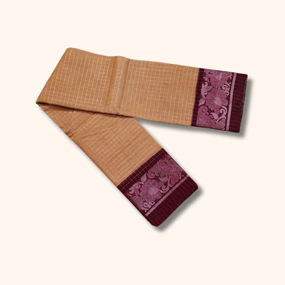 Beige Golden Checked Sungudi Cotton Saree with Maroon Floral Border – Without Blouse