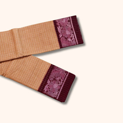 Beige Golden Checked Sungudi Cotton Saree with Maroon Floral Border – Without Blouse