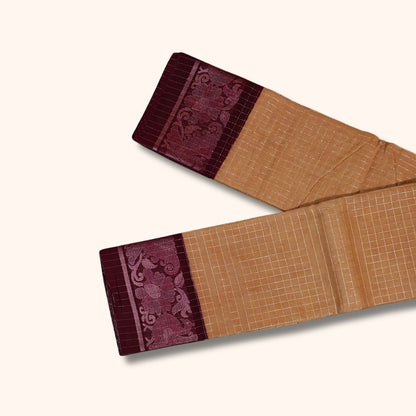Beige Golden Checked Sungudi Cotton Saree with Maroon Floral Border – Without Blouse