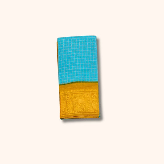 Turquoise Blue Sungudi Cotton Saree with Golden Checks and Mustard Zari Border – Without Blouse