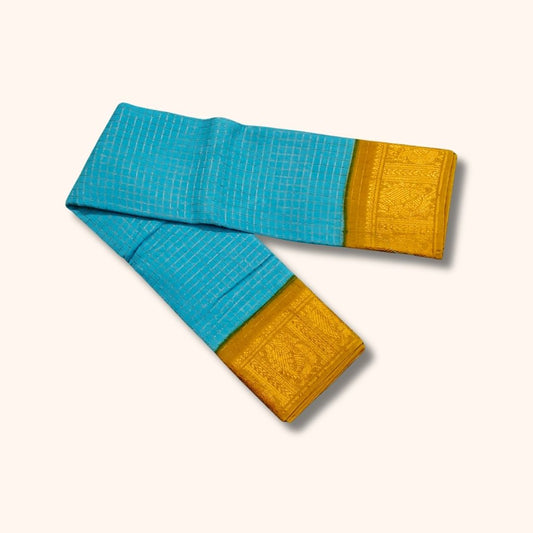 Turquoise Blue Sungudi Cotton Saree with Golden Checks and Mustard Zari Border – Without Blouse