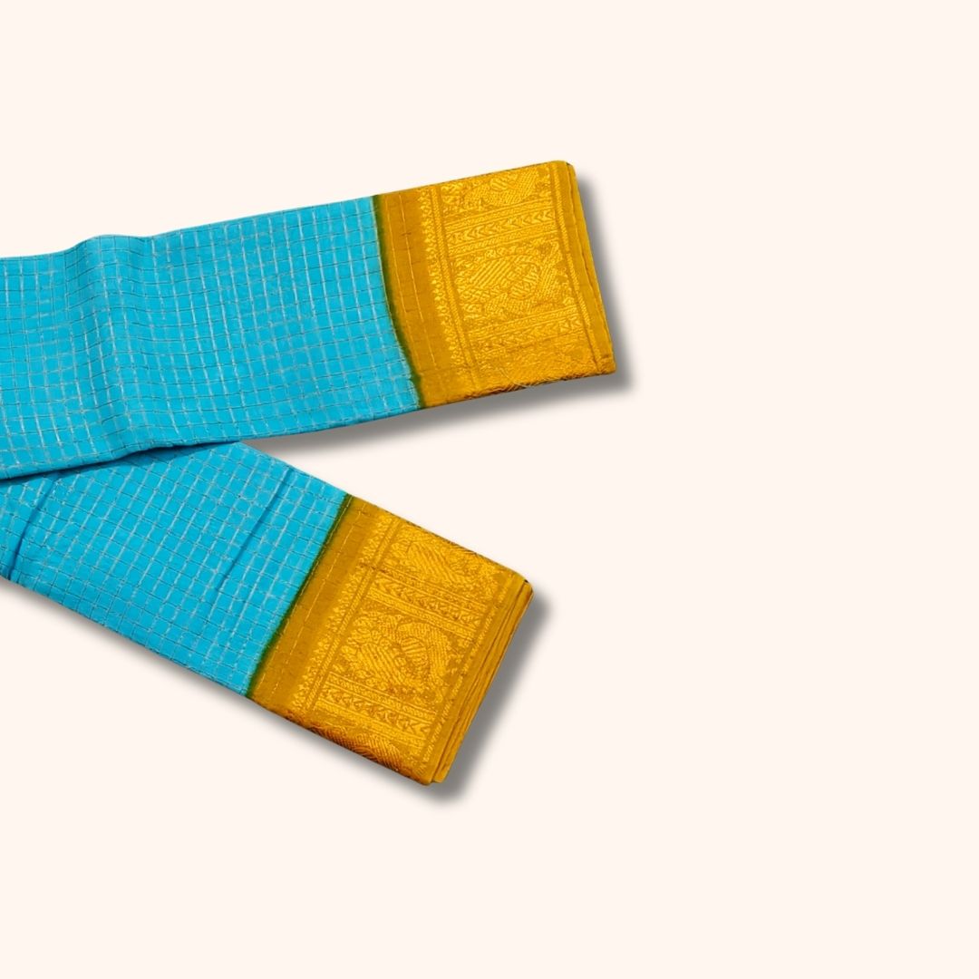 Turquoise Blue Sungudi Cotton Saree with Golden Checks and Mustard Zari Border – Without Blouse