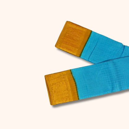 Turquoise Blue Sungudi Cotton Saree with Golden Checks and Mustard Zari Border – Without Blouse