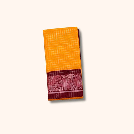 Mustard Yellow Sungudi Cotton Saree with Silver Zari Checks and Maroon Floral Border – Without Blouse