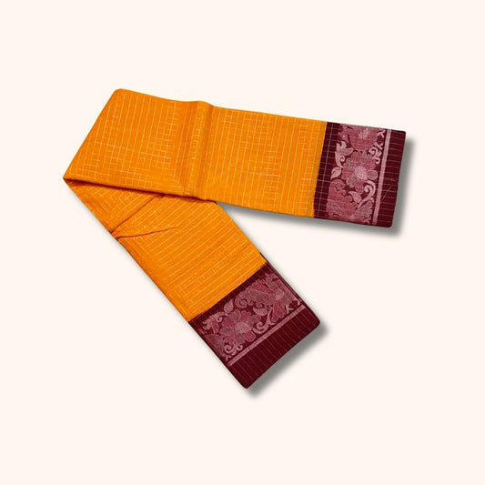 Mustard Yellow Sungudi Cotton Saree with Silver Zari Checks and Maroon Floral Border – Without Blouse