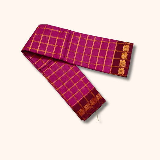 Magenta Sungudi Cotton Saree with Golden Checks and Peacock Border – Without Blouse