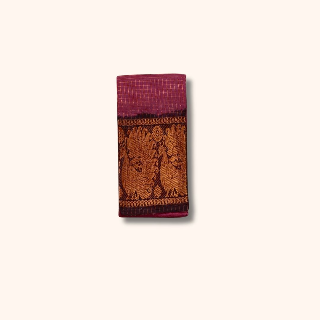 Deep Rose Sungudi Cotton Saree with Golden Checks and Peacock Border – Without Blouse