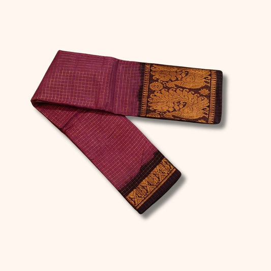 Deep Rose Sungudi Cotton Saree with Golden Checks and Peacock Border – Without Blouse