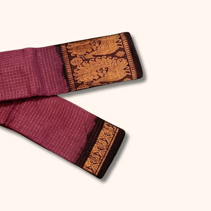 Deep Rose Sungudi Cotton Saree with Golden Checks and Peacock Border – Without Blouse