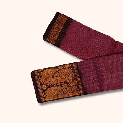 Deep Rose Sungudi Cotton Saree with Golden Checks and Peacock Border – Without Blouse