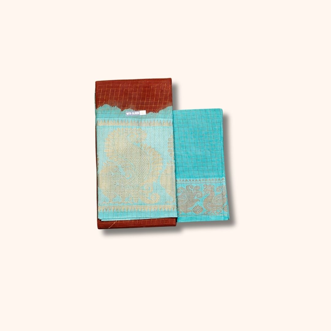 Rust Brown and Turquoise Blue Sungudi Cotton Saree with Gold Zari Peacock Border – With Blouse Piece
