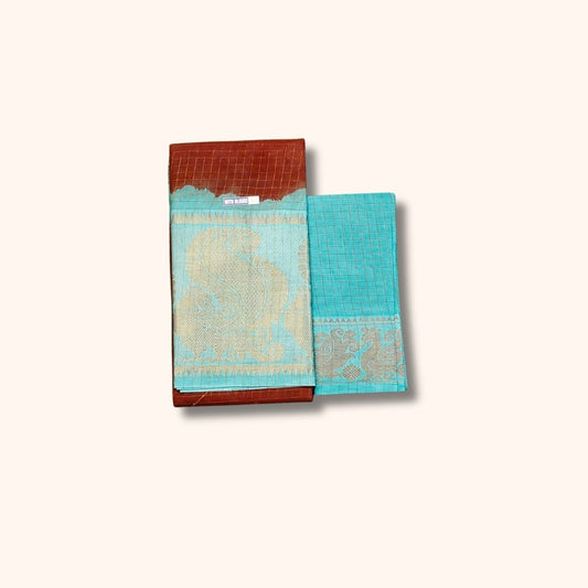 Rust Brown and Turquoise Blue Sungudi Cotton Saree with Gold Zari Peacock Border – With Blouse Piece