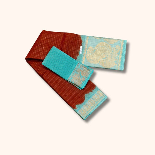 Rust Brown and Turquoise Blue Sungudi Cotton Saree with Gold Zari Peacock Border – With Blouse Piece