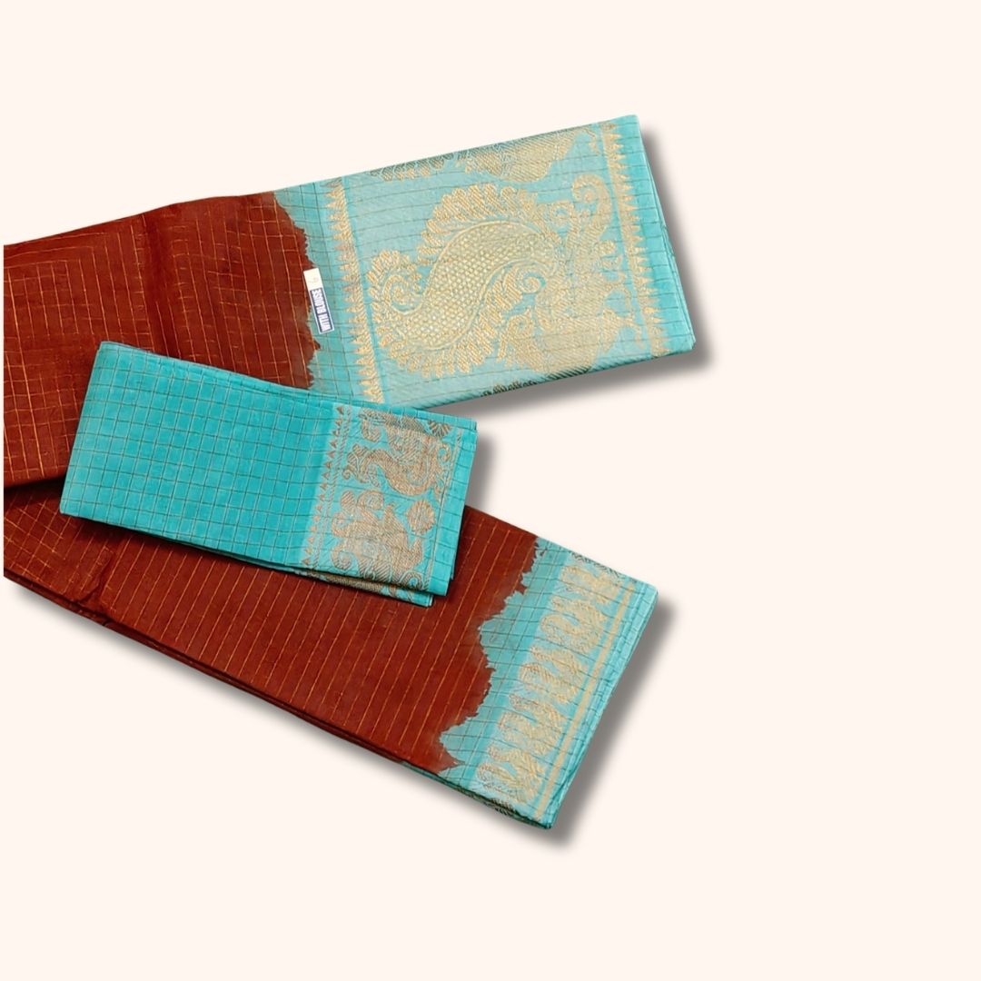 Rust Brown and Turquoise Blue Sungudi Cotton Saree with Gold Zari Peacock Border – With Blouse Piece