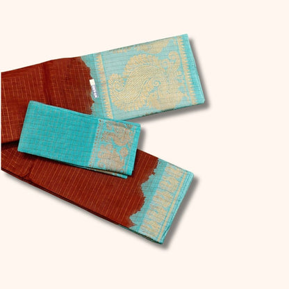 Rust Brown and Turquoise Blue Sungudi Cotton Saree with Gold Zari Peacock Border – With Blouse Piece