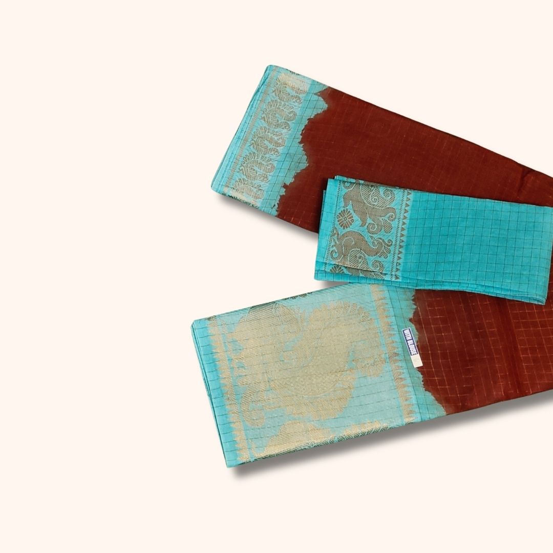 Rust Brown and Turquoise Blue Sungudi Cotton Saree with Gold Zari Peacock Border – With Blouse Piece