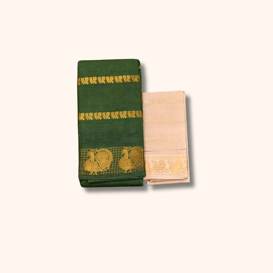 Dark Green Sungudi Cotton Saree with Gold Zari Stripes and Peacock Border – With Blouse Piece