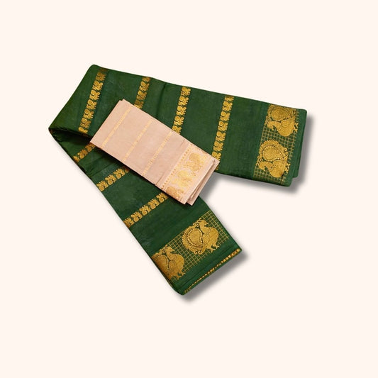 Dark Green Sungudi Cotton Saree with Gold Zari Stripes and Peacock Border – With Blouse Piece