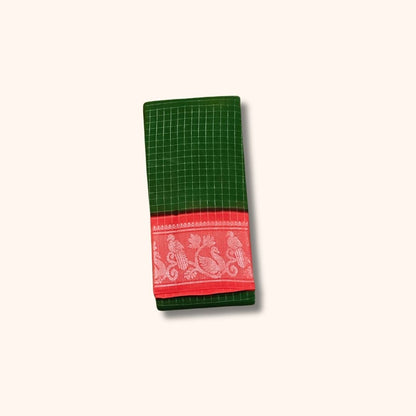 Dark Green Checked Sungudi Cotton Saree with Pink Peacock Design Border – Without Blouse
