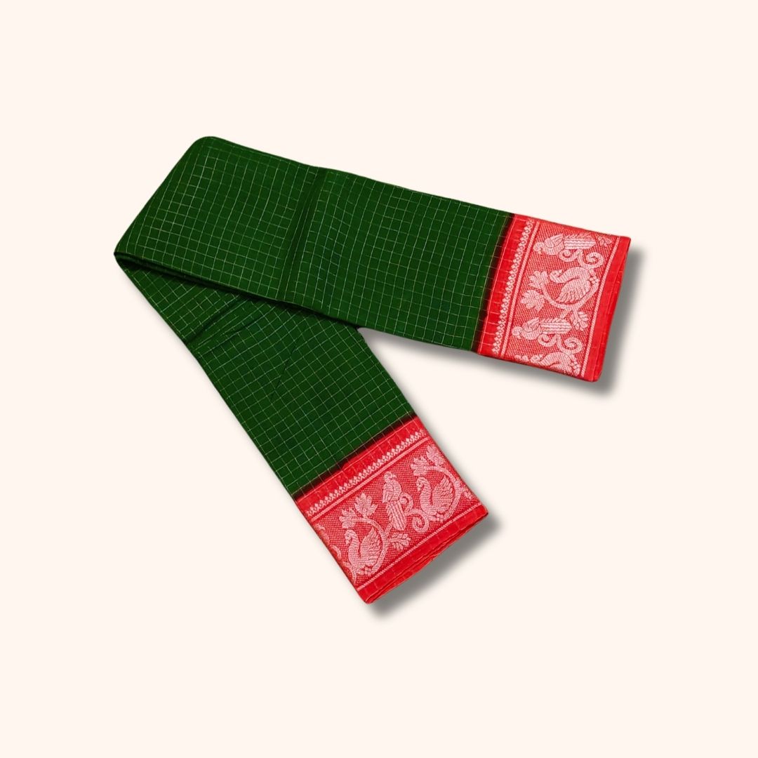 Dark Green Checked Sungudi Cotton Saree with Pink Peacock Design Border – Without Blouse