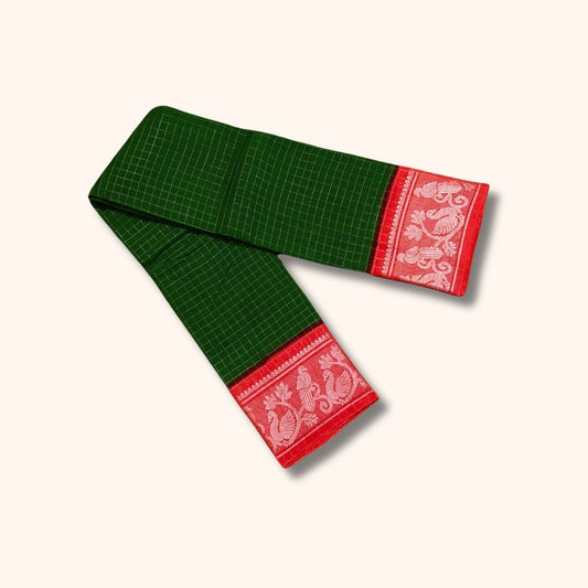 Dark Green Checked Sungudi Cotton Saree with Pink Peacock Design Border – Without Blouse