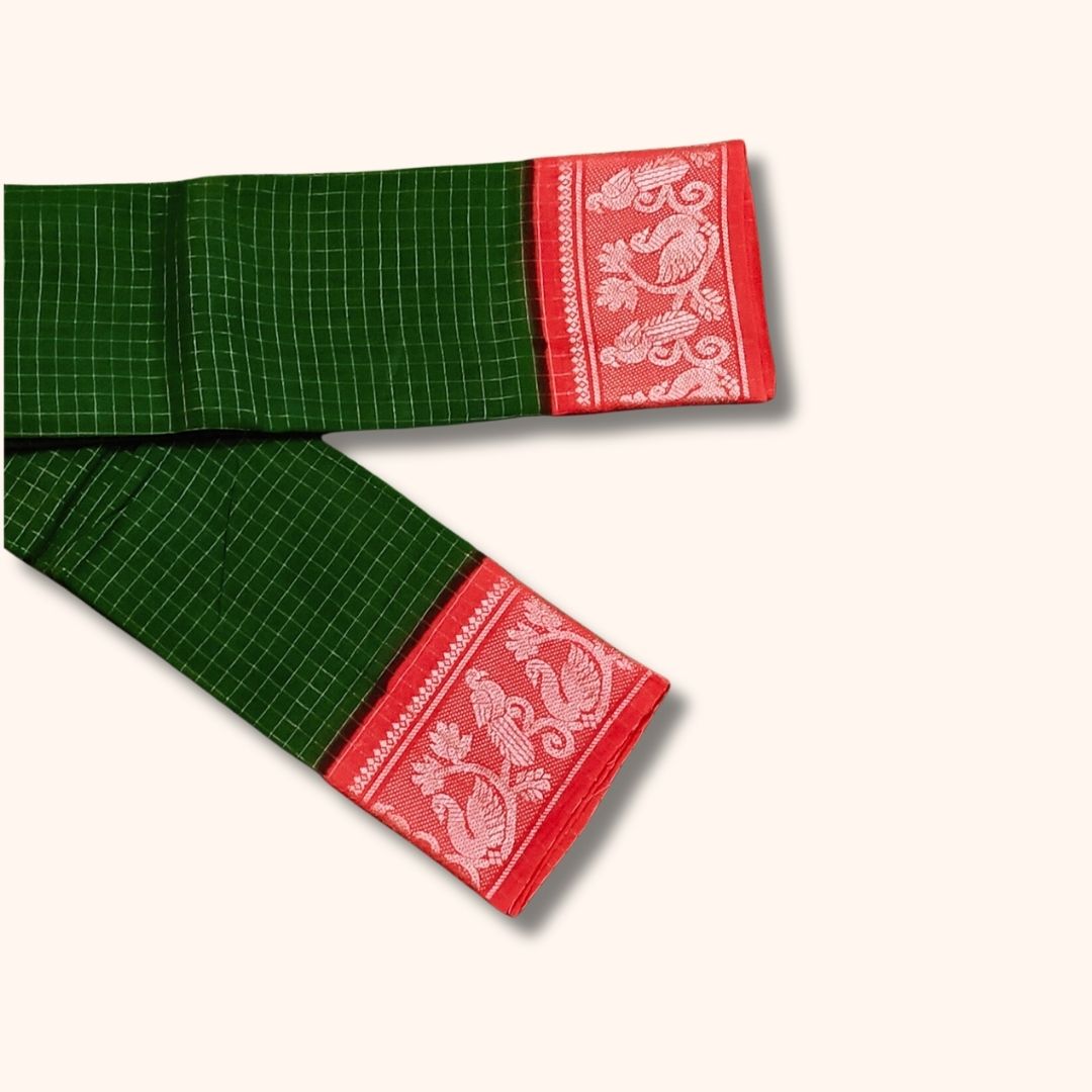 Dark Green Checked Sungudi Cotton Saree with Pink Peacock Design Border – Without Blouse