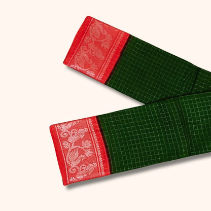 Dark Green Checked Sungudi Cotton Saree with Pink Peacock Design Border – Without Blouse