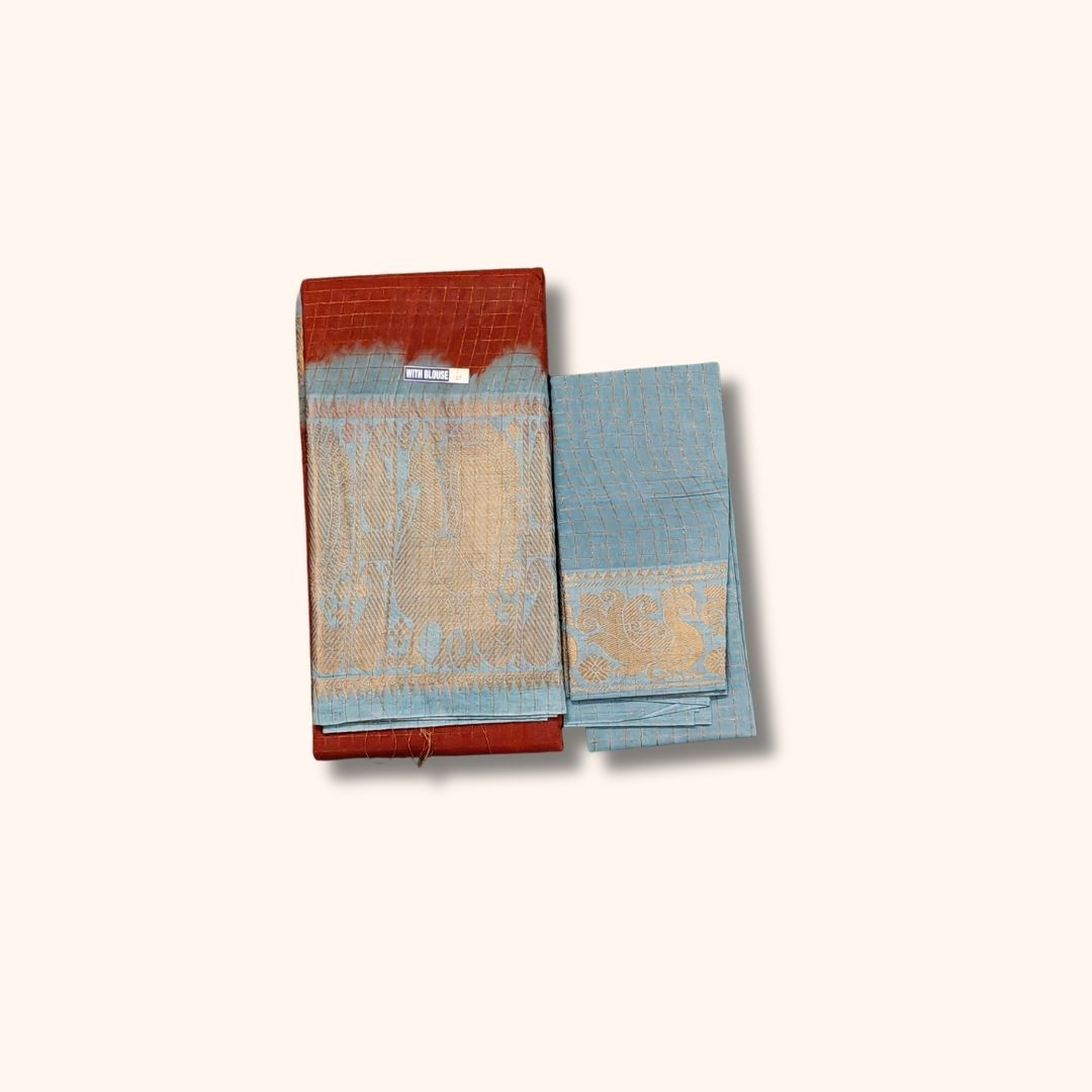 Rust Brown and Aqua Blue Checked Sungudi Cotton Saree with Gold Zari Border and Separate Blouse