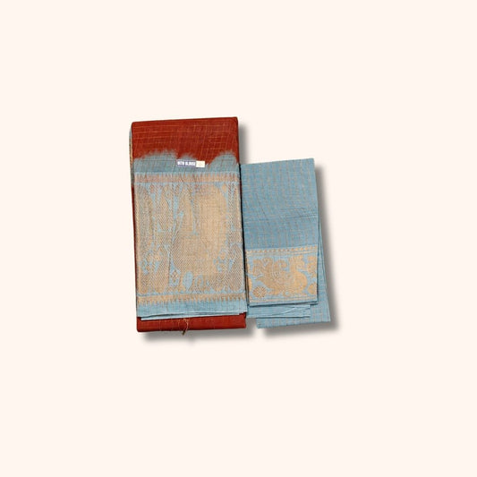 Rust Brown and Aqua Blue Checked Sungudi Cotton Saree with Gold Zari Border and Separate Blouse