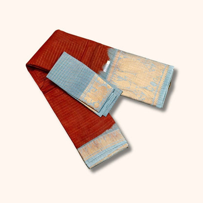 Rust Brown and Aqua Blue Checked Sungudi Cotton Saree with Gold Zari Border and Separate Blouse