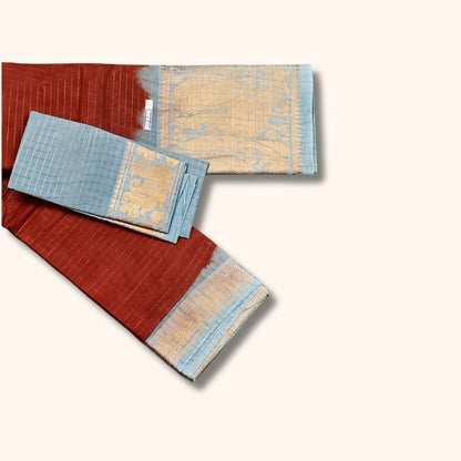 Rust Brown and Aqua Blue Checked Sungudi Cotton Saree with Gold Zari Border and Separate Blouse
