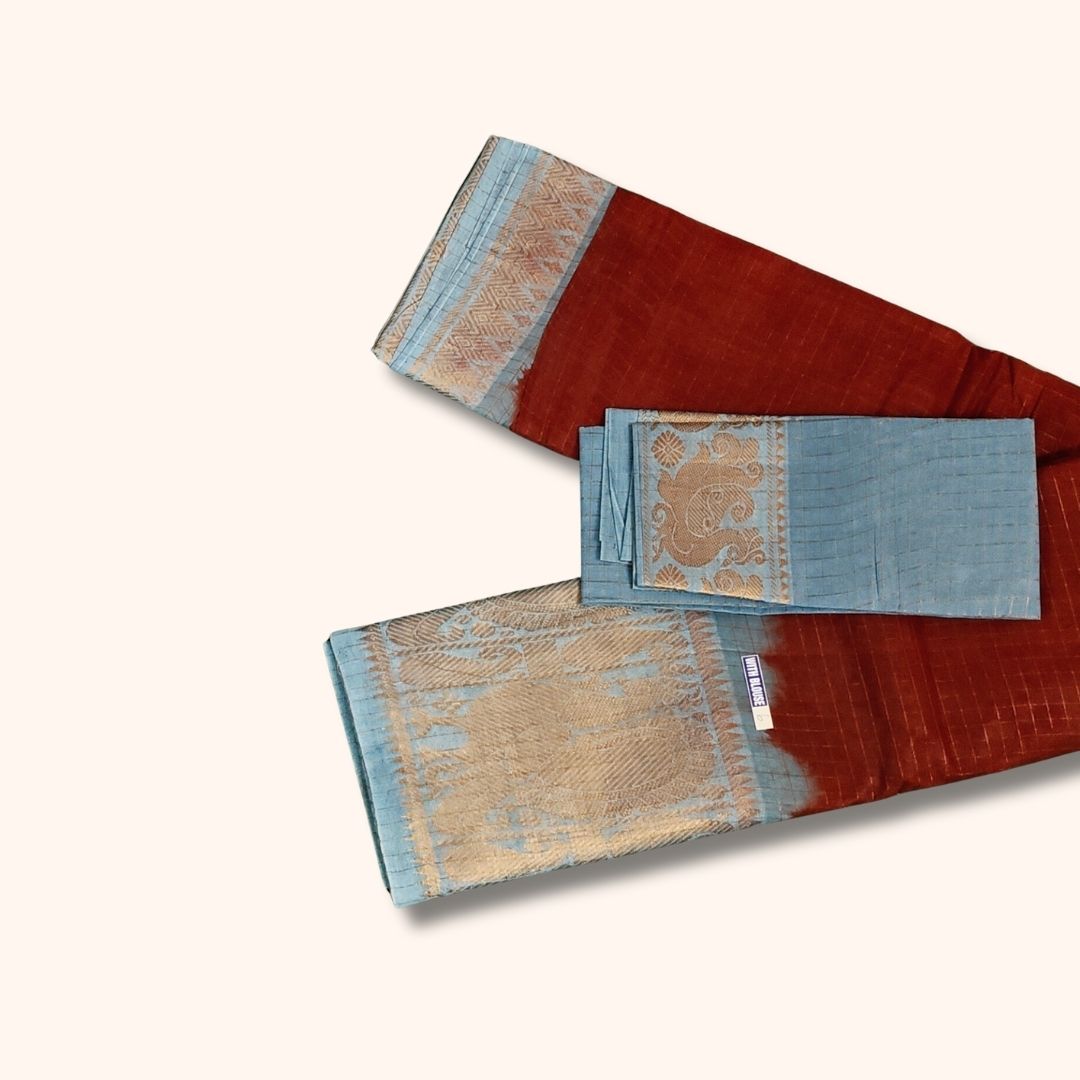Rust Brown and Aqua Blue Checked Sungudi Cotton Saree with Gold Zari Border and Separate Blouse