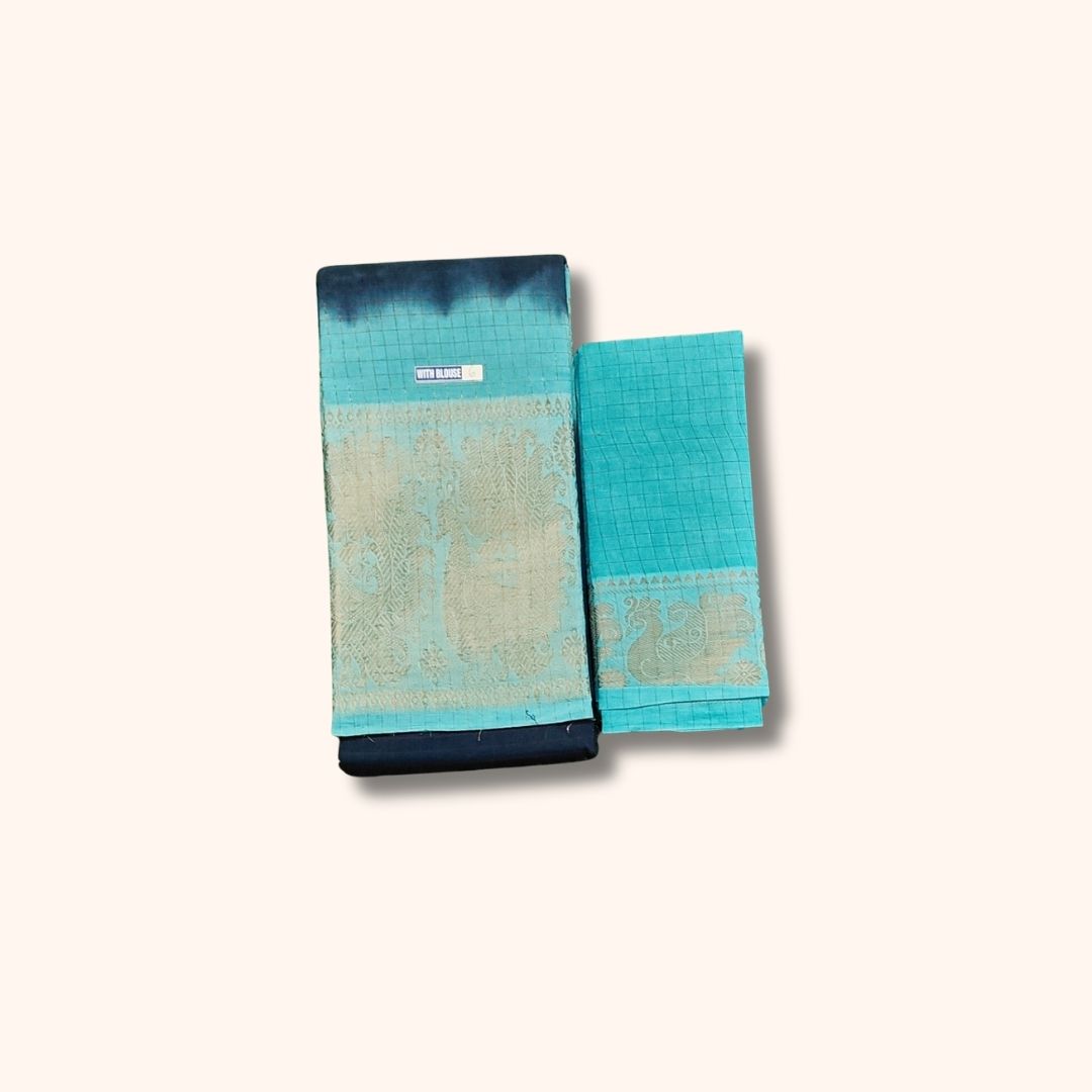 Navy Blue and Aqua Blue Checked Sungudi Cotton Saree with Gold Zari Border and Separate Blouse Piece