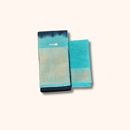Navy Blue and Aqua Blue Checked Sungudi Cotton Saree with Gold Zari Border and Separate Blouse Piece