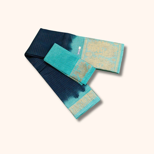 Navy Blue and Aqua Blue Checked Sungudi Cotton Saree with Gold Zari Border and Separate Blouse Piece