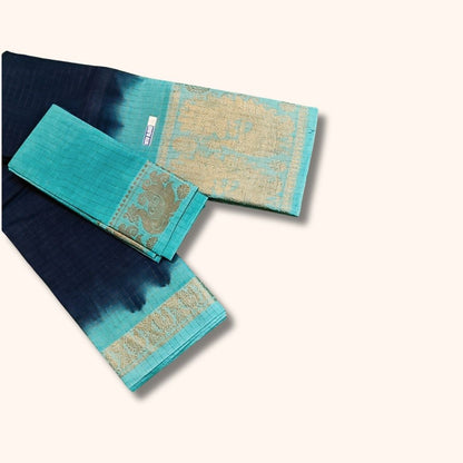 Navy Blue and Aqua Blue Checked Sungudi Cotton Saree with Gold Zari Border and Separate Blouse Piece