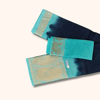 Navy Blue and Aqua Blue Checked Sungudi Cotton Saree with Gold Zari Border and Separate Blouse Piece