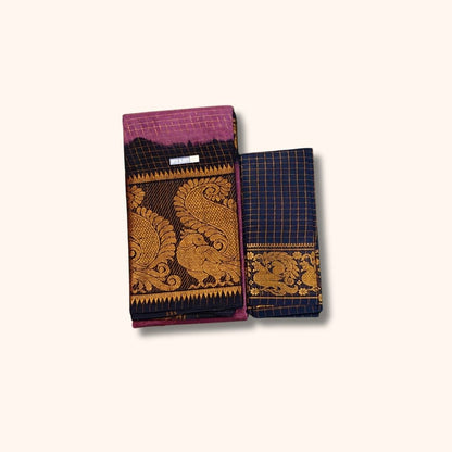 Purple Checked Sungudi Cotton Saree with Black Gold Zari Peacock Border and Separate Blouse Piece