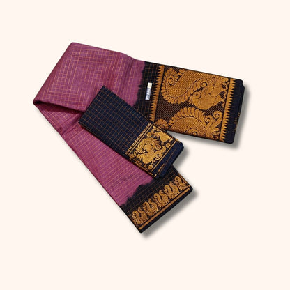 Purple Checked Sungudi Cotton Saree with Black Gold Zari Peacock Border and Separate Blouse Piece