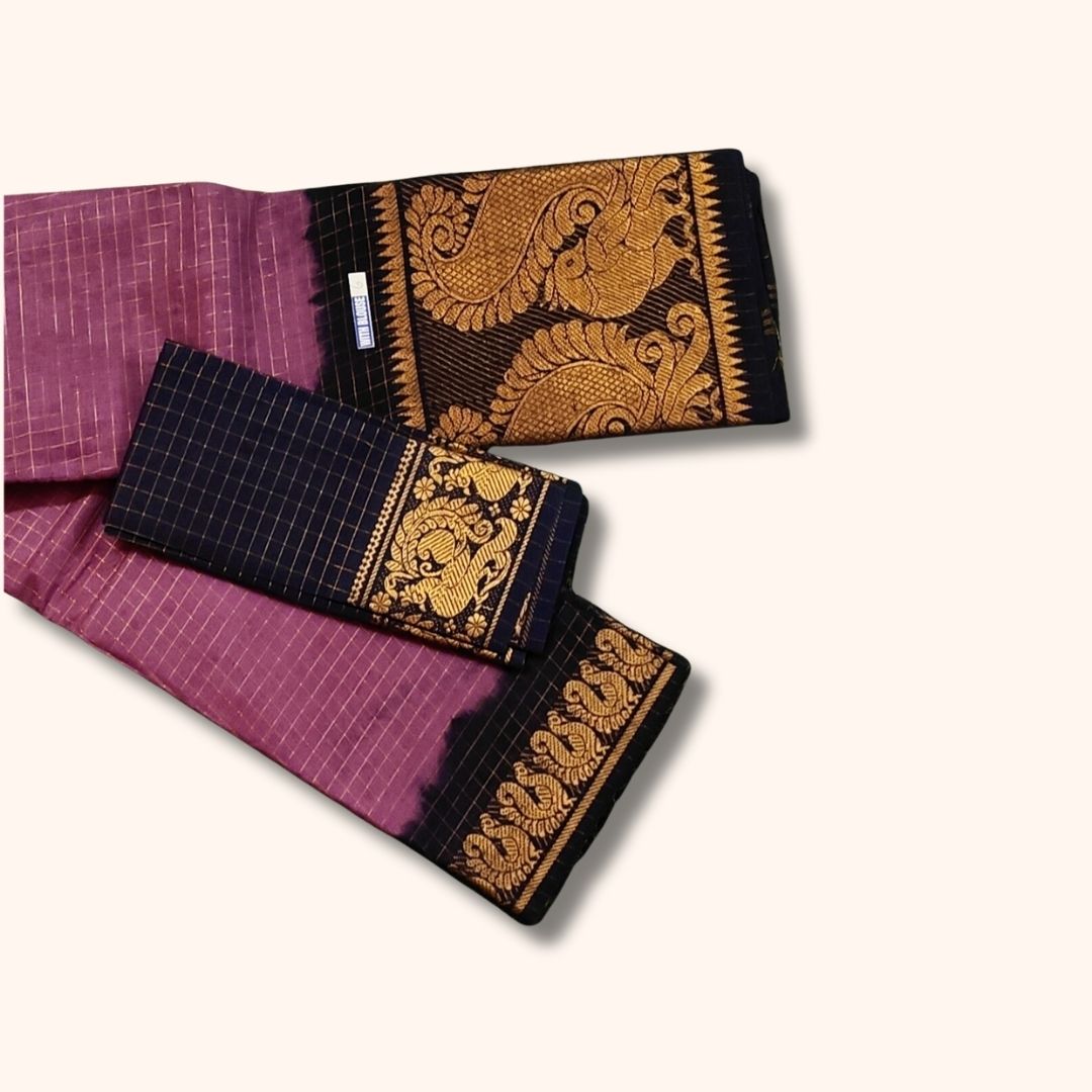 Purple Checked Sungudi Cotton Saree with Black Gold Zari Peacock Border and Separate Blouse Piece