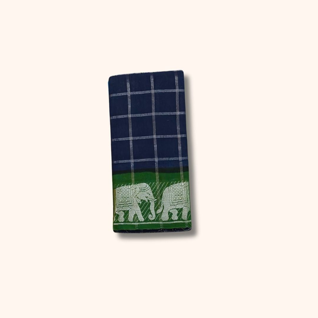 Navy Blue Silver Zari Checked Sungudi Cotton Saree with Green and Blue Elephant Design Border – Without Blouse