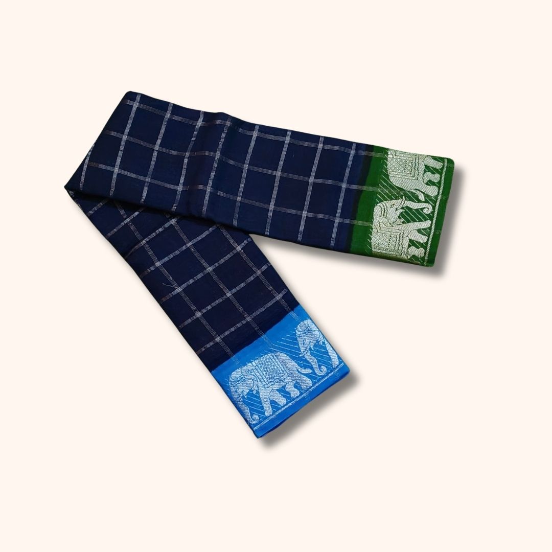 Navy Blue Silver Zari Checked Sungudi Cotton Saree with Green and Blue Elephant Design Border – Without Blouse