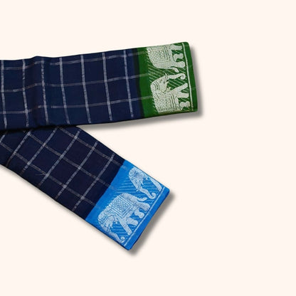 Navy Blue Silver Zari Checked Sungudi Cotton Saree with Green and Blue Elephant Design Border – Without Blouse