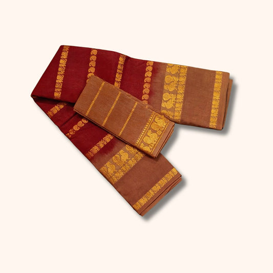 Traditional Sungudi Cotton Saree with Gold Zari Stripes and Decorative Border – With Blouse Piece
